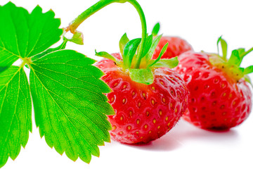 Strawberry with leaves isolated on white background.
