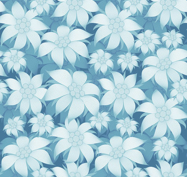 Seamless floral pattern. On blue background there are blue flowers of edelweiss, water lily, lotus. For postcard, invitations, textiles, clothes, wrapping paper, wallpaper, interior design of room.