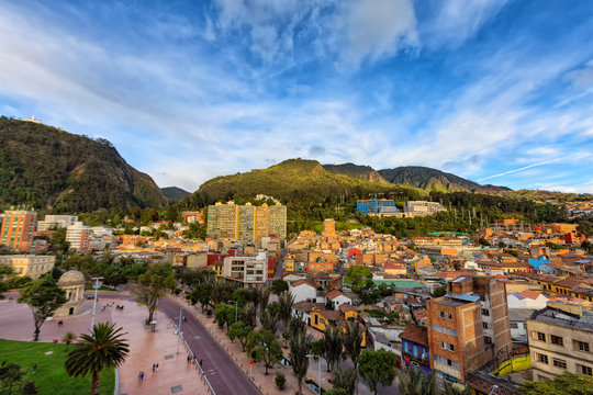View of Journalist's Park with Monserrate and the candelaria district of Bogota, Colombia.