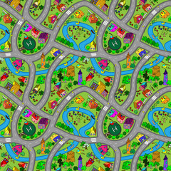 Vector seamless background with cartoon roads and cars.