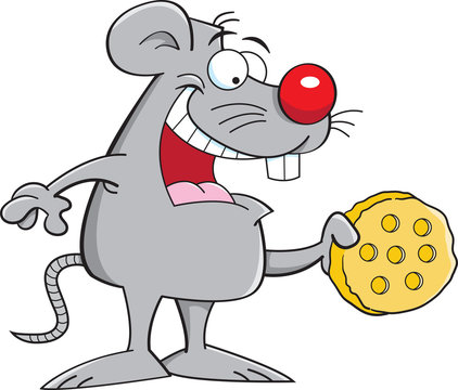 Cartoon illustration of a mouse holding a piece of cheese.