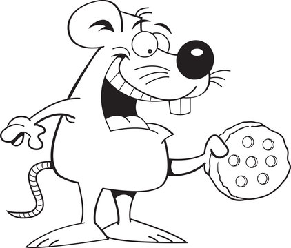 Black and white illustration of a mouse holding a piece of cheese.