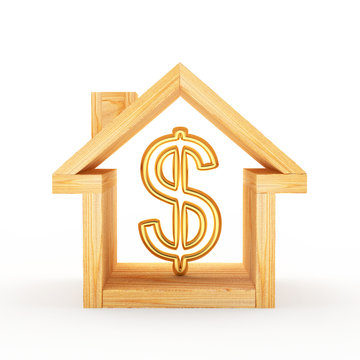 Wooden House Icon With Dollar Sign Inside Isolated On A White Background. 3D Illustration