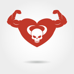 Skull in heart with male biceps logo. Vector strong heart emblem