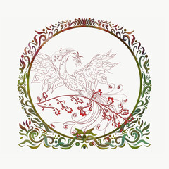 Elegant phoenix with a flower, on a branch, in a frame, painted with lines with curls