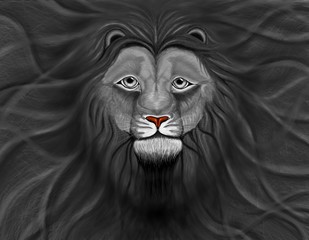 black Lion head with a wavy mane of filling a background	