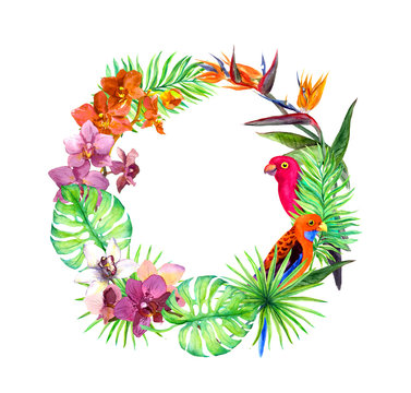 Tropical leaves, exotic birds, orchid flowers. Wreath border. Watercolor