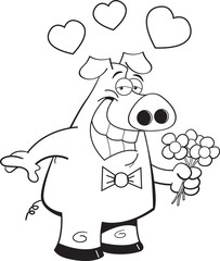 Black and white illustration of a pig holding flowers.