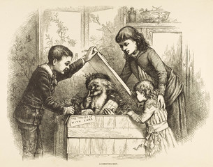 Father Christmas in a box with children. Date: circa 1870