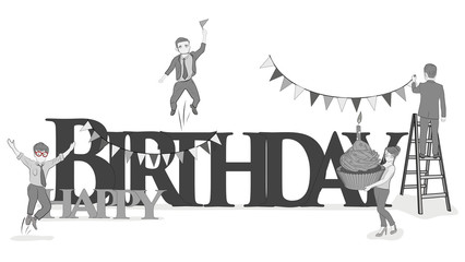 A sketch of little people with a big word "happy birthday". The concept of a holiday. Hand drawn cartoon vector illustration for design and infographics.