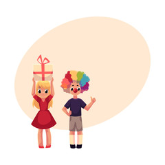 Kids, boy in clown wig and red nose, girl holding birthday gift, cartoon vector illustration with space for text. Two kids, boy and girl, at birthday party, with clown nose, hair and gift