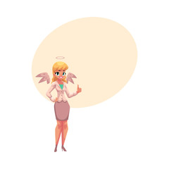 Pretty woman dressed as angel in business suit with wings and halo, cartoon vector illustration with space for text. Female angel character, Halloween costume, right business decision concept