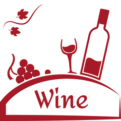 Grapes, glass and bottle of wine. Wine logo design. Red brand for wine company or winery. Vector illustration.