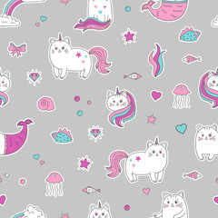 Cute cat unicorn mermaid patches seamless pattern. Vector trendy background.
