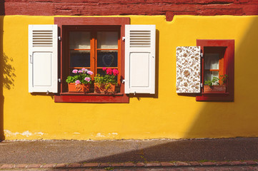 Picturesque facade of old building in Kaysersberg, Alsace, France