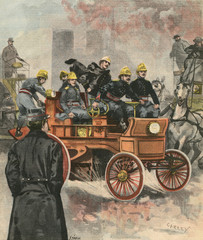Fire engine in Paris  answering a call. Date: 1900