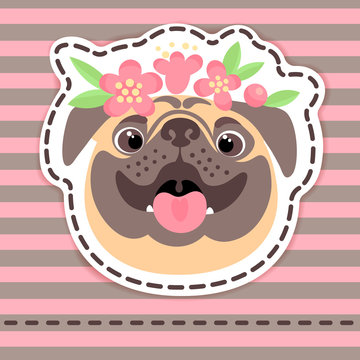 Fashion patch badges happy pug in flower crown on striped background.