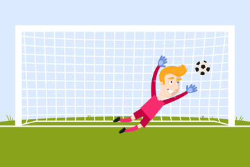 Brave blond caucasian cartoon goalkeeper jumping to save a penalty kick