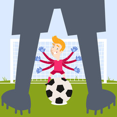Illustration of over-sized brave blond caucasian cartoon goalkeeper with flailing arms waiting for footballer (shown as silhouette ) to take penalty kick