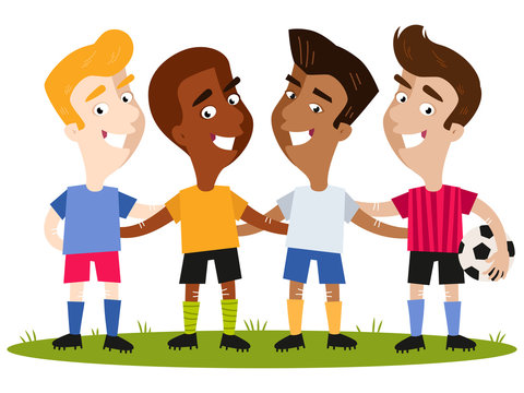Group of four happy multinational cartoon footballer friends in colorful  shirts and shorts standing on football field with one holding a ball  isolated on white background Stock Vector | Adobe Stock