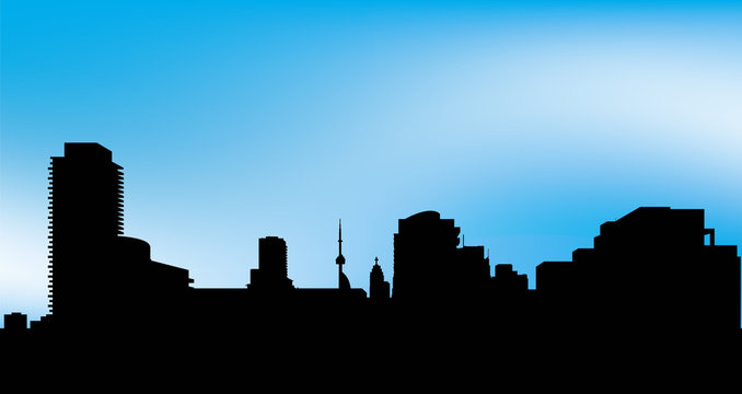 Skyline silhouette of the city of Toronto, viewed from the east. 