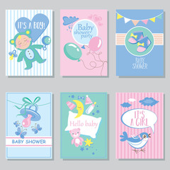 Baby shower card set for boy for girl Happy birthday party it’s a boy it’s a girl Newborn toddler celebration greeting or invitation card poster vector