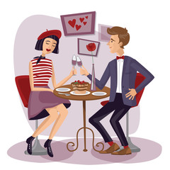 Couple having dinner with wineglasses. Lovers, Man and woman sitting at the table. Cute girl and boy in cafe. Valentine's Day. Love card. Vector illustration in flat style