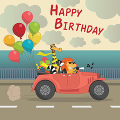 Cute Happy birthday greeting card for child fun cartoon style There are birthday gifts funny animals in the car cabriolet with balloons Vector Illustration