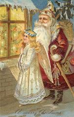 Fototapeta na wymiar Father Christmas and an angel. Date: circa 1900