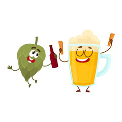 Funny beer glass and hop characters having fun, drinking, celebrating together, cartoon vector illustration isolated on white background. Funny beer glass and hop characters with smiling human faces