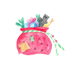 Christmas gifts, bag with Christmas gifts, New Year, red bag, gift boxes, candy, teddy bear, watercolor illustration 