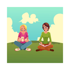 Two girls siting crossed legs, one reading book on the grass, another using mobile phone, cartoon vector illustration isolated on white background. Girls women using analogue and digital media sitting