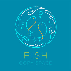 Two Fish or Pisces, Water splash circle and Air bubble logo icon outline stroke set dash line design illustration isolated on blue background with Fish text and copy space - 162399431