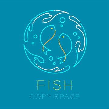 Two Fish or Pisces, Water splash circle and Air bubble logo icon outline stroke set dash line design illustration isolated on blue background with Fish text and copy space