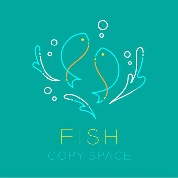 Two Fish or Pisces, Water splash and Air bubble logo icon outline stroke set dash line design illustration isolated on green turquoise background with Fish text and copy space