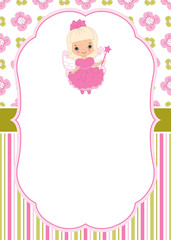 Vector Card Template with Cute Little Fairy on Floral and Striped Background. Vector Fairy.  Vector illustration.