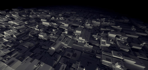 3D Rendering of Night warehouse cyber city of the slum, space station, repository microcircuit