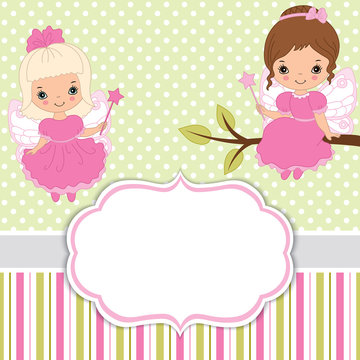Vector Card Template with Cute Little Fairies on Polka Dot and Striped Background. Vector Fairy.  Vector illustration.