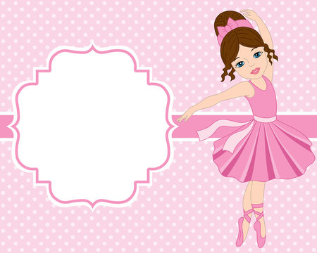 Vector Card Template with Ballerina on Polka Dot Background. Vector Ballerina.  Vector illustration.