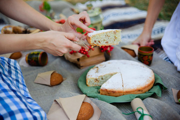 Summer picnic outdoor. Bright and colorful hipster lunch in the park. Female hands cut a piece of...