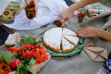 Summer picnic outdoor. Bright and colorful hipster lunch in the park. Female hands cut a piece of pie