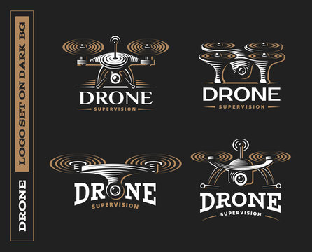 Drone quadrocopter logo design set, emblem on dark background