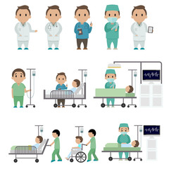 Medical Staff And Patients Different Situations Set in hospital,clinic, people cartoon character isolated on white, health care conceptual vector illustration.