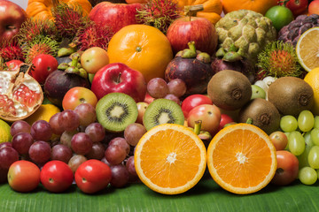 Stack of ripe tropical fruits and vegetables for healthy eating