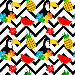 colorful tropical seamless vector pattern background illustration with toucan, flowers, watermelon and pineapple