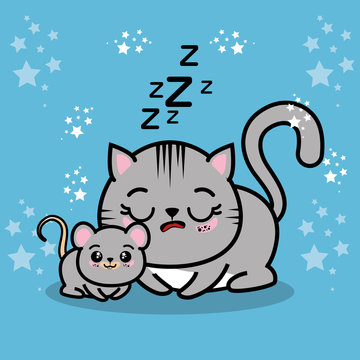 cute sleepy kitten with a mouse vector illustration graphic design