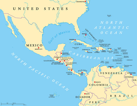 Middle America political map with capitals and borders. Mid-latitudes of the Americas region. Mexico, Central America, the Caribbean and northern South America. Illustration. English labeling. Vector.