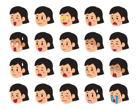 Cartoon set of woman faces showing different emotions