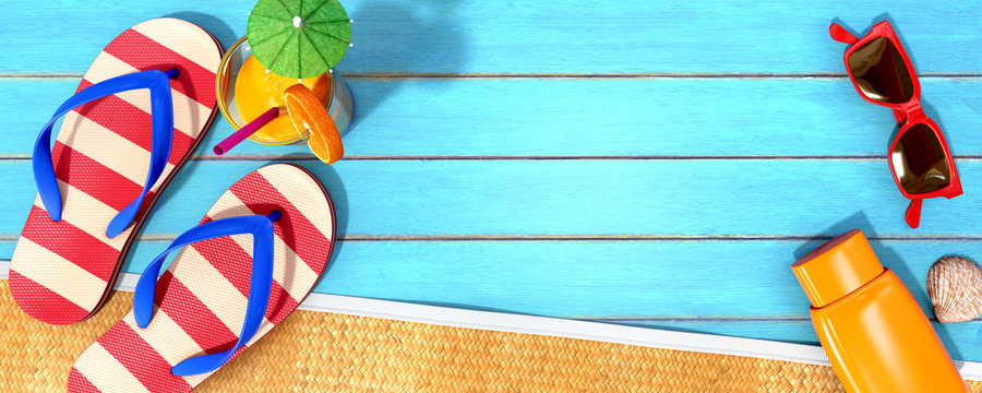 Summer panorama with beach accessories on blue planks