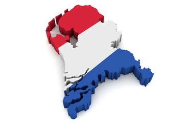 3D Karte von Niederlande mit Flagge vor weißem Hintergrund